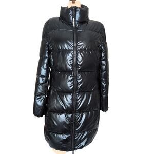Y2K Juicy Couture Black Label Long Puffer Coat Women Large Metallic Logo Jacket
